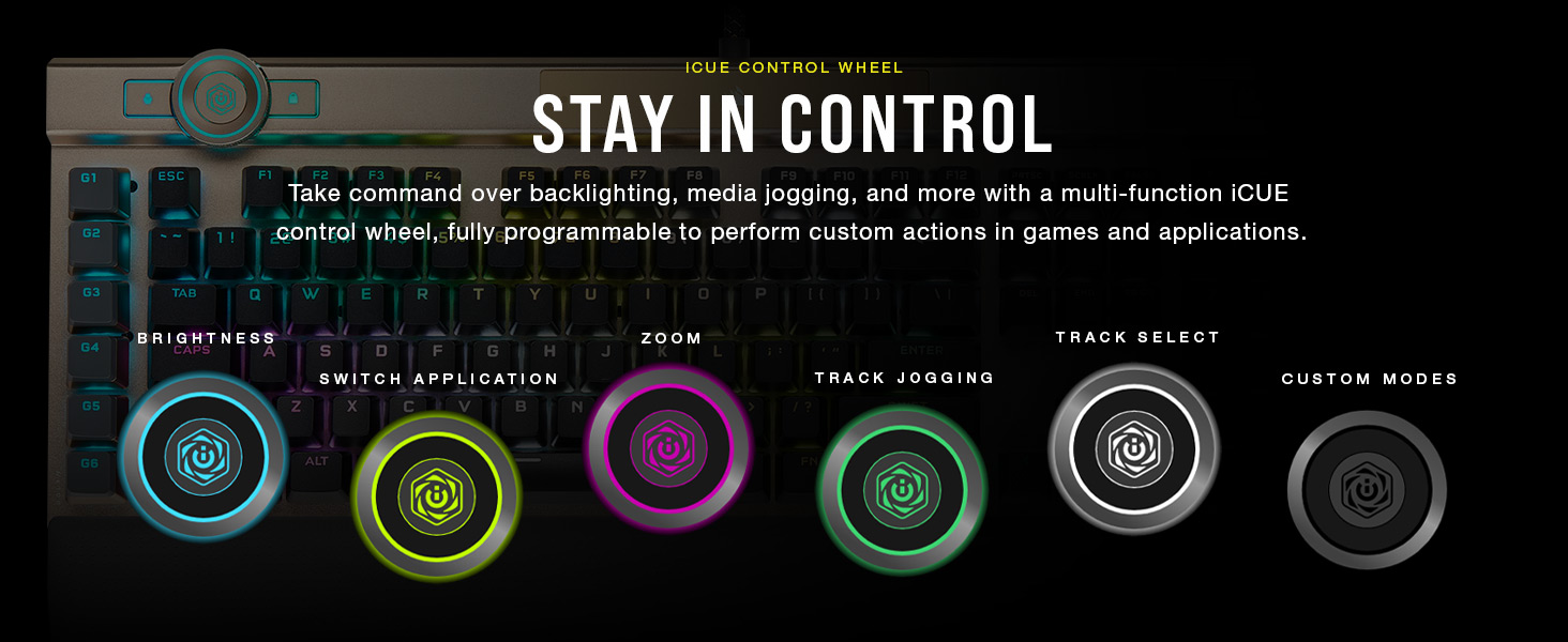 STAY IN CONTROL, backlighting, iCUE control wheel, custom actions