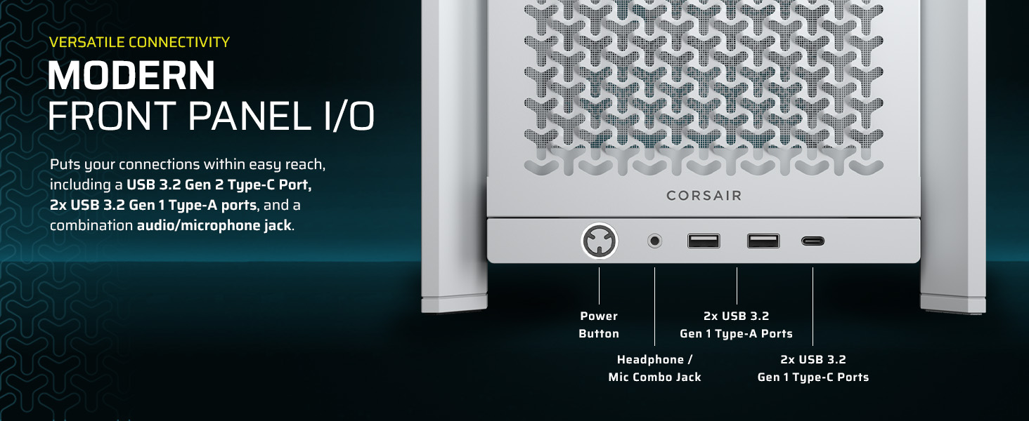 modern io case; modern io panel; io front panel; usb c port, usb 3.2 gen 2; usb 3.1 gen 1;