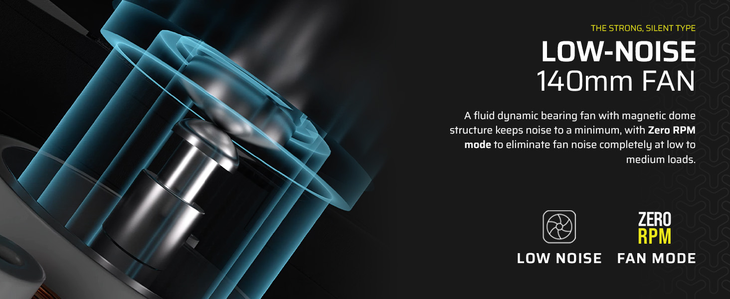 low noise; 140mm fan; low noise psu fan; magnetic dome; zero rpm fan mode